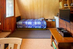 Pokój z łóżkiem, biurkiem i telewizorem w obiekcie Finnhütte 9 