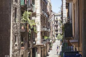 an alley between two buildings with people walking down it at AinB Born-Dames Apartments in Barcelona