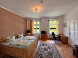 1 Schlafzimmer mit einem Bett, einem Schreibtisch und 2 Fenstern in der Unterkunft Ferienwohnungen Fiedler in Neuhof