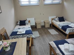 Zimmer mit 2 Betten, einem Tisch und Stühlen in der Unterkunft Valor Apartmani Kikinda in Kikinda