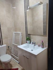 ein Badezimmer mit einem Waschbecken, einem WC und einem Spiegel in der Unterkunft Chez Noufissa in Marrakesch