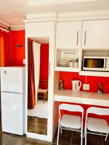 a kitchen with a white refrigerator and red walls at Duvha Guesthouse in Graskop