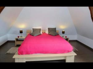 a bedroom with a large pink bed with two tables at Le Pressoir de Bigard - chaumière normande - 8 personnes in Campigny