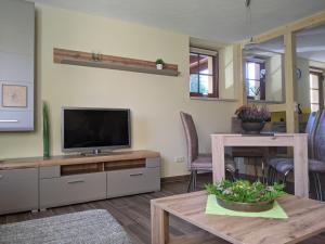a living room with a tv and a table at Ferienwohnung Aus-Zeit auf dem Lande in Bad Gottleuba