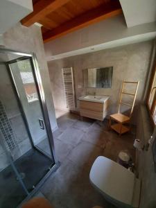 ein Bad mit einer Dusche, einem WC und einem Waschbecken in der Unterkunft Tranquillità e Relax in Villeneuve