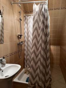 uma casa de banho com uma cortina de chuveiro e um lavatório em Rajsko em Polańczyk