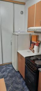 una cucina con un frigorifero bianco e una stufa di Apartman Boba a Ruma