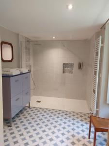 a bathroom with a shower and a tiled floor at Manoir de l'Angélus in Dol-de-Bretagne