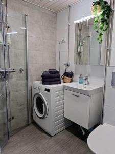 ein Badezimmer mit einer Waschmaschine und einem Waschbecken in der Unterkunft Valoisa yksiö parvekkeella in Raisio