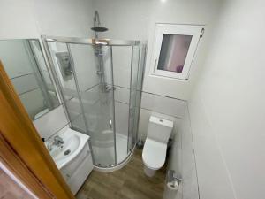 uma casa de banho com um chuveiro, um WC e um lavatório. em Puerto Playa Oceanografico Yulia em Valência