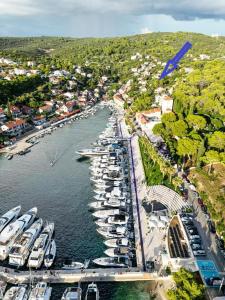 een groep boten aangemeerd in een jachthaven bij Apartments Hortenzija in Maslinica