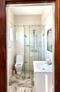 uma casa de banho com um chuveiro, um WC e um lavatório. em Mahajanga Residences em Mahajanga