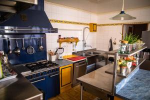 uma cozinha com um fogão e um lavatório em Gite la vigne 4 à 10 personnes Domaine Saint Raphaël em Prats-de-Carlux