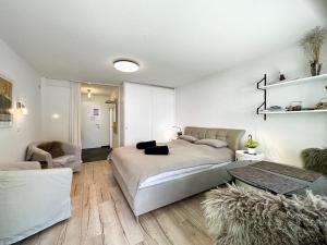 - une chambre avec un lit et un salon dans l'établissement Studio Marmotta - Zermatt, à Zermatt