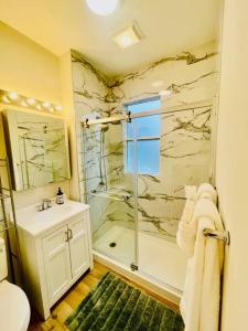 a bathroom with a shower and a toilet and a sink at Beautiful Chicago 2BD 1BA in Chicago
