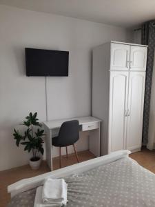 a bedroom with a desk and a bed and a chair at Apartament Panoramic Toplița in Topliţa