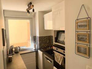 una pequeña cocina con microondas y ventana en Appartement Les Hauts du Beaujolais en Limas
