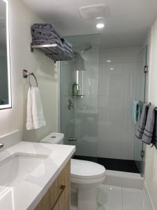 une salle de bain avec toilettes et douche en verre dans l'établissement Victoria Family Vacation Home - King Bed Private Yard BBQ Deck Gazebo - 4 Minutes To The Falls, à Niagara Falls 20 autres photos