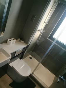 a bathroom with a shower and a toilet and a sink at Stunning Gem Of Chelmsford with Balcony in Chelmsford