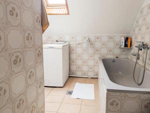 ein Badezimmer mit einer Badewanne, einer Waschmaschine und einem Trockner in der Unterkunft Várkapitány-lak in Csesznek