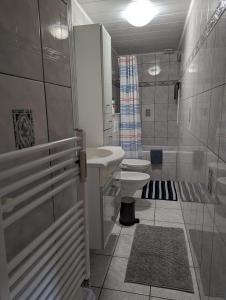 ein Bad mit einem Waschbecken, einem WC und einer Dusche in der Unterkunft 3 Bedroom apartment in the Center of Larochette in Fels