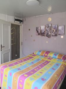1 dormitorio con 1 cama con una manta colorida en Tantralove, en Aguatona