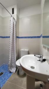 a bathroom with a white sink and a toilet at Las Eras Nest Hostel in Las Eras