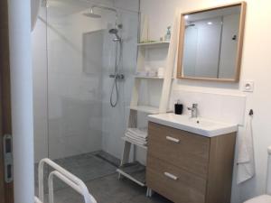 a bathroom with a shower and a sink and a mirror at GÎTE 2 Ferme de la Haute Escalles in Escalles