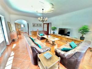 Ferraguda Garden House في كاريغادو: غرفة معيشة بأثاث جلدي وطاولة