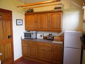 a kitchen with wooden cabinets and a microwave and a refrigerator at Branta Cottage in Dumfries