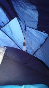une tente bleue avec un lit dans l'établissement Pensiunea La Sishe Valea Putnei, à Valea Putnei