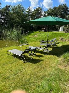 een groene paraplu en twee stoelen en een tafel met een paraplu bij Home of Oasis in Surwold