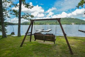 a swing in front of a lake with a boat at Grand Chestnut Lodge in Oakland