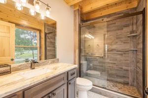 a bathroom with a shower and a toilet and a sink at Sunshine Chalet in McHenry +39 photos