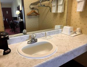 a bathroom counter with a sink and a mirror at Travelodge by Wyndham Seymour in Seymour