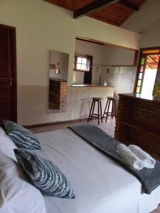 a bedroom with a large bed with pillows on it at Pousada Barriga da Lua in Serra do Cipo
