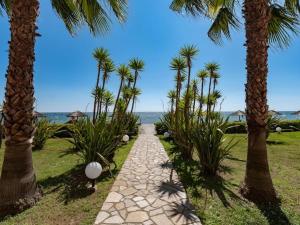 a pathway with palm trees and the ocean in the background at Casa Emma les pieds dans l'eau in San-Nicolao