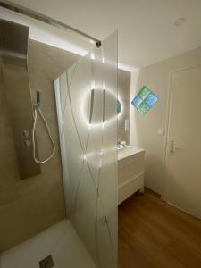 a bathroom with a glass shower with a sink at La Maison de Jeanne in Narbonne