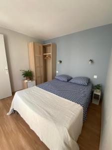 een slaapkamer met een groot bed en een blauwe deken bij La Maison de Jeanne in Narbonne