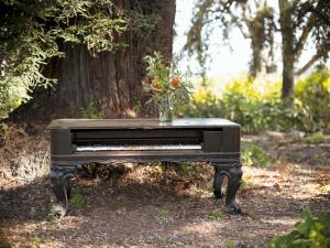 a black piano sitting in front of a tree at The Steward, Santa Barbara, a Tribute Portfolio Hotel in Santa Barbara