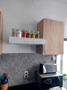 una cucina con mensola, barattoli e forno a microonde di Dodo 3 appartement hyper centre a Huy