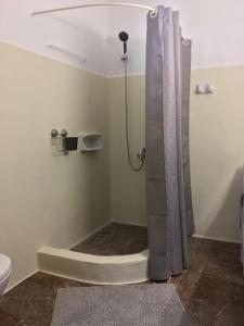 La salle de bains est pourvue d'une douche avec rideau de douche. dans l'établissement 270°, à Hydra
