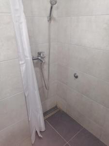 een douche met een douchegordijn in de badkamer bij DUNAVSKI KEJ in Novi Sad