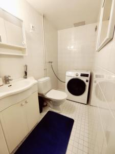 y baño blanco con aseo y lavadora. en Beautiful Spacious Cozy Home en Turku