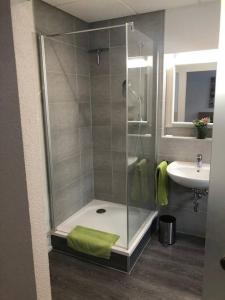 a bathroom with a shower and a sink at Modernes 1-Zimmer-Apartment im Herzen Oberkochens in Oberkochen