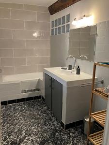 un bagno con un lavandino, uno specchio e una vasca di Maison de maître du 19ème siècle à la campagne a Bellenod-sur-Seine Altre 23 foto