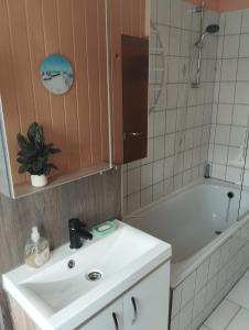 a bathroom with a white sink and a bath tub at Ländliche Erholung 2 in Heideland