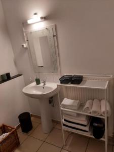 La salle de bains blanche est pourvue d'un lavabo et d'un miroir. dans l'établissement Superbe appartement en résidence avec parking free 2, à Huy