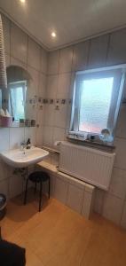 a bathroom with a sink and a window at Ferienhaus Frische Brise direkt am Nordsee Deich in Spieka-Neufeld