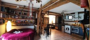 een kamer met een bed en een keuken met houten plafonds bij Ferienhaus Feuer Wasser Luft Erde in Dobbrikow